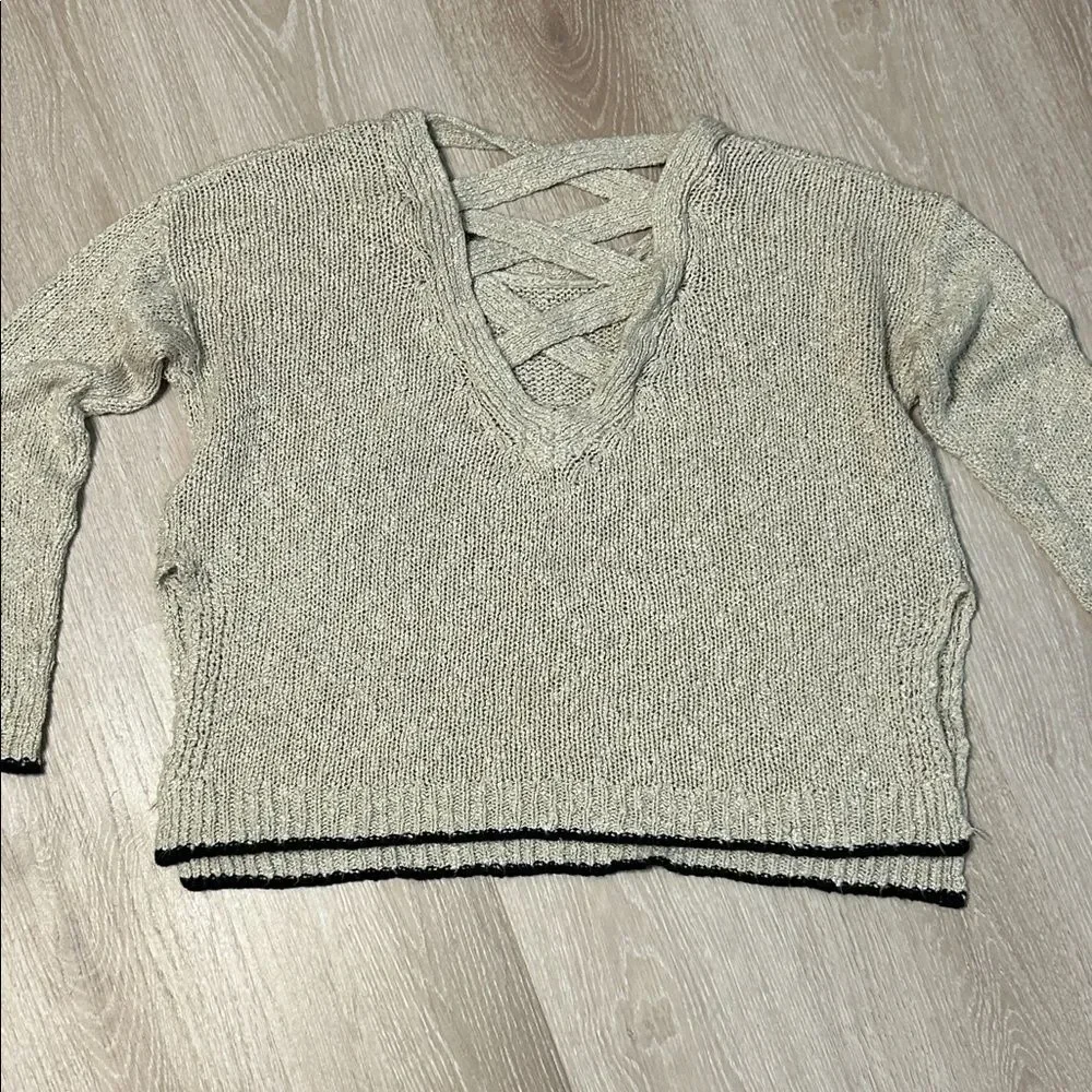 Lush Beige Criscross Back Knit Split Hem Long Sleeve Sweater